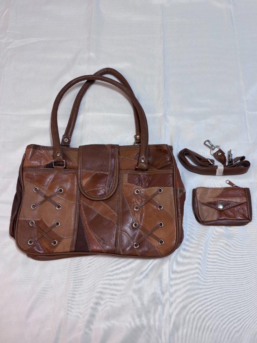 Y2K Brown Patchwork Genuine Leather Corset Lace-Up Handbag Purse + Wallet